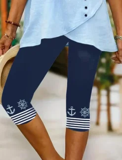 Sale Women's Leggings Capri Pants High Elasticity Vacation Fashion coastal grandma style Full Length Mid Waist Graphic Stripe Ocean Printing Thermal Warm Breathable Soft Stretchy Outdoor Vacation Summer Women Leggings