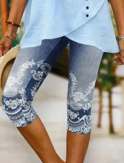 Discount Women's Leggings Capri Pants High Elasticity Vacation Vintage Fashion Calf-Length Mid Waist Floral Graphic Printing Breathable Soft Stretchy Vacation Casual Daily Robin's Egg Blue Dark Navy Women Leggings