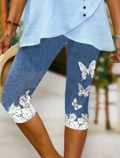 Discount Women's Leggings Capri Pants High Elasticity Vacation Vintage Fashion Calf-Length Mid Waist Floral Graphic Printing Breathable Soft Stretchy Vacation Casual Daily Robin's Egg Blue Dark Navy Women Leggings