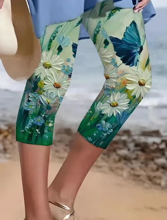 Sale Women's Leggings Capri Pants High Elasticity Vacation Fashion Hawaiian Ankle-Length Mid Waist Floral Printing Thermal Warm Breathable Soft Vacation Casual Daily Summer Spring Regular Fit Women Leggings