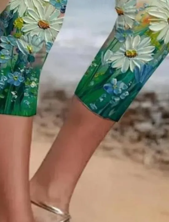 Sale Women's Leggings Capri Pants High Elasticity Vacation Fashion Hawaiian Ankle-Length Mid Waist Floral Printing Thermal Warm Breathable Soft Vacation Casual Daily Summer Spring Regular Fit Women Leggings