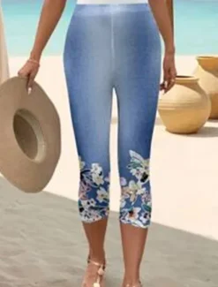 Best Women's Leggings Capri Pants 3D Print High Elasticity Vintage Fashion Ethnic Style Calf-Length High Waist Floral Graphic Stretchy Vacation Street Causal Robin's Egg Blue White Summer Spring Slim Fit Women Leggings