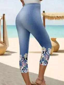 Best Women's Leggings Capri Pants 3D Print High Elasticity Vintage Fashion Ethnic Style Calf-Length High Waist Floral Graphic Stretchy Vacation Street Causal Robin's Egg Blue White Summer Spring Slim Fit Women Leggings