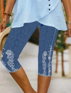 Best Women's Leggings Capri Pants High Elasticity Vacation Vintage Fashion Calf-Length Mid Waist Floral Graphic Printing Breathable Soft Stretchy Vacation Casual Daily Robin's Egg Blue Summer Spring Women Leggings