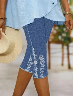 Best Women's Leggings Capri Pants High Elasticity Vacation Vintage Fashion Calf-Length Mid Waist Floral Graphic Printing Breathable Soft Stretchy Vacation Casual Daily Robin's Egg Blue Summer Spring Women Leggings