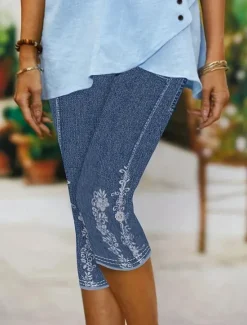 Best Women's Leggings Capri Pants High Elasticity Vacation Vintage Fashion Calf-Length Mid Waist Floral Graphic Printing Breathable Soft Stretchy Vacation Casual Daily Robin's Egg Blue Summer Spring Women Leggings