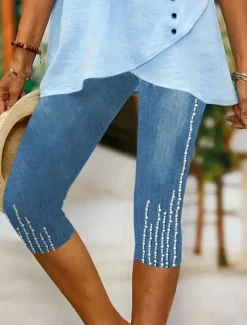Clearance Women's Leggings Capri Pants High Elasticity Vacation Fashion Hawaiian Calf-Length Mid Waist Graphic Printing Breathable Soft Stretchy Vacation Casual Daily Robin's Egg Blue Blue Summer Spring Women Leggings