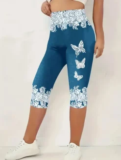 Clearance Women's Leggings Capri Pants High Elasticity Vacation Fashion Hawaiian Calf-Length Mid Waist Graphic Printing Breathable Soft Stretchy Vacation Casual Daily Robin's Egg Blue Blue Summer Spring Women Leggings