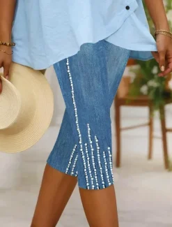 Clearance Women's Leggings Capri Pants High Elasticity Vacation Fashion Hawaiian Calf-Length Mid Waist Graphic Printing Breathable Soft Stretchy Vacation Casual Daily Robin's Egg Blue Blue Summer Spring Women Leggings