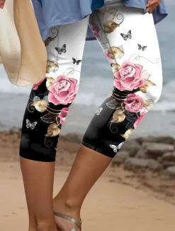 Best Women's Leggings Capri Pants High Elasticity Fashion Streetwear Full Length High Waist Floral Printing Thermal Warm Breathable Soft Outdoor Daily Fall Winter Regular Fit Women Leggings|Spring Pants