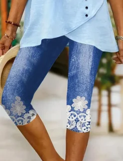 Online Women's Leggings Capri Pants High Elasticity Vacation Vintage Fashion Calf-Length Mid Waist Floral Graphic Printing Breathable Soft Stretchy Vacation Casual Daily Robin's Egg Blue Summer Spring Women Leggings