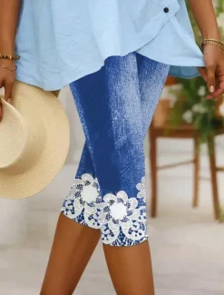 Online Women's Leggings Capri Pants High Elasticity Vacation Vintage Fashion Calf-Length Mid Waist Floral Graphic Printing Breathable Soft Stretchy Vacation Casual Daily Robin's Egg Blue Summer Spring Women Leggings