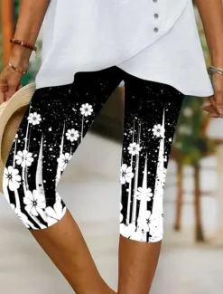 Hot Women's Leggings Capri Pants High Elasticity Vacation Vintage Fashion Full Length Mid Waist Floral Graphic Printing Thermal Warm Breathable Soft Stretchy Outdoor Daily Beach Black White Women Leggings