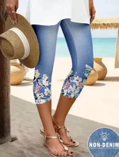 Online Women's Leggings Capri Pants High Elasticity Vacation Vintage Fashion Calf-Length Mid Waist Floral Graphic Printing Breathable Soft Stretchy Vacation Casual Daily Robin's Egg Blue Summer Spring Women Leggings