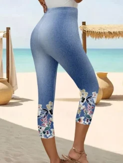 Online Women's Leggings Capri Pants High Elasticity Vacation Vintage Fashion Calf-Length Mid Waist Floral Graphic Printing Breathable Soft Stretchy Vacation Casual Daily Robin's Egg Blue Summer Spring Women Leggings