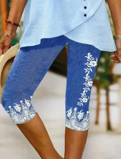 Outlet Women's Leggings Capri Pants High Elasticity Vacation Vintage Fashion Calf-Length Mid Waist Floral Graphic Printing Breathable Soft Vacation Casual Daily Robin's Egg Blue Light Blue Summer Spring Women Leggings