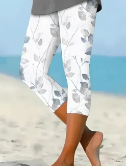 New Women's Leggings Capri Pants 3D Print Vacation Vintage Fashion Calf-Length High Waist Floral Graphic Printing Stretchy Vacation Street Causal Robin's Egg Blue Black White Blue Summer Spring Slim Fit Women Leggings