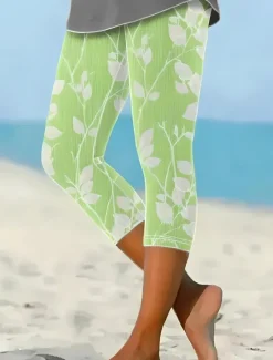 New Women's Leggings Capri Pants 3D Print Vacation Vintage Fashion Calf-Length High Waist Floral Graphic Printing Stretchy Vacation Street Causal Robin's Egg Blue Black White Blue Summer Spring Slim Fit Women Leggings