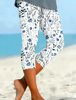 New Women's Leggings Capri Pants High Elasticity Fashion Streetwear Calf-Length High Waist Floral Graphic Printing Breathable Soft Outdoor Daily Robin's Egg Blue Summer Spring Regular Fit Women Leggings