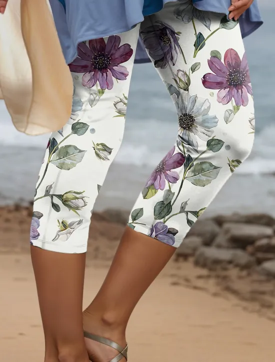 Hot Women's Leggings Capri Pants High Elasticity Vacation Vintage Fashion Calf-Length High Waist Floral Graphic Geometic Printing Thermal Warm Breathable Soft Outdoor Daily Pink Blue Purple Summer Women Leggings