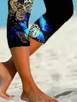 Clearance Women's Leggings Capri Pants High Elasticity Vacation Fashion Hawaiian Calf-Length Mid Waist Graphic Butterfly Printing Breathable Soft Vacation Casual Daily Summer Spring Regular Fit Women Leggings