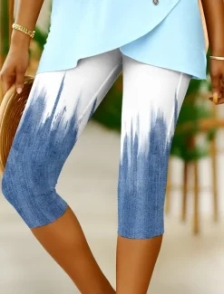 Hot Women's Leggings Capri Pants 3D Print High Elasticity Vacation Vintage Fashion Calf-Length High Waist Graphic Gradient Printing Breathable Soft Stretchy Formal Vacation Office Robin's Egg Blue Women Leggings