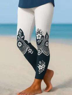 Sale Women's Leggings Elegant Vacation Vintage Ankle-Length High Waist Floral Graphic 3D Print Quick Dry Breathability Soft Stretchy Formal Outdoor Vacation Black White Khaki Fall Regular Fit Women Women's Sweatpants & Joggers