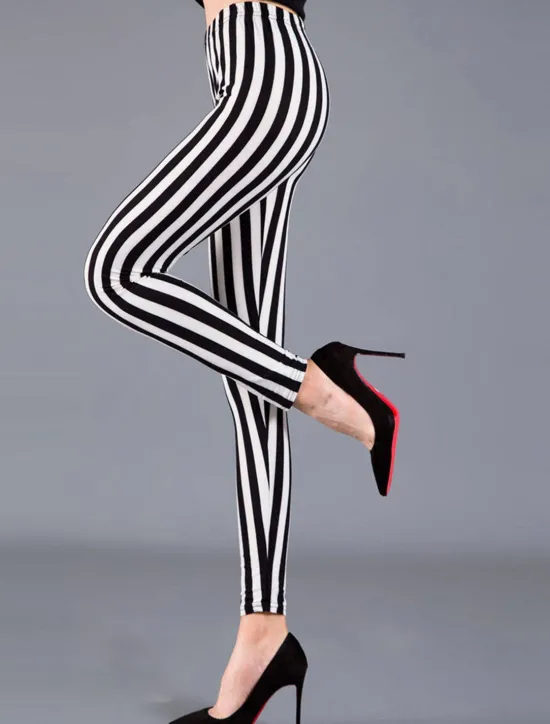 Outlet Women's Leggings Fashion Streetwear Full Length Mid Waist Geometric Striped Elastic Waist Print Breathability Comfortable Micro-elastic Outdoor Street Daily Black and white stripes black vertical Women Leggings