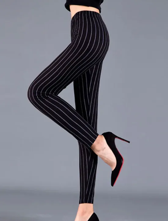 Outlet Women's Leggings Fashion Streetwear Full Length Mid Waist Geometric Striped Elastic Waist Print Breathability Comfortable Micro-elastic Outdoor Street Daily Black and white stripes black vertical Women Leggings