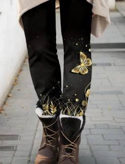 Hot Women's Leggings Fashion Streetwear Ankle-Length High Waist Butterfly Printing Thermal Warm Soft Breathable Micro-elastic Outdoor Daily Fall Winter Regular Fit Women Leggings