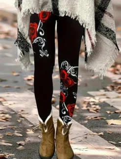 Online Women's Leggings Fashion Streetwear Ankle-Length High Waist Rose Printing Thermal Warm Soft Breathable Micro-elastic Outdoor Daily Fall Winter Regular Fit Women Pants|Leggings
