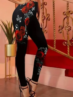 Online Women's Leggings Fashion Streetwear Ankle-Length High Waist Rose Printing Thermal Warm Soft Breathable Micro-elastic Outdoor Daily Fall Winter Regular Fit Women Pants|Leggings