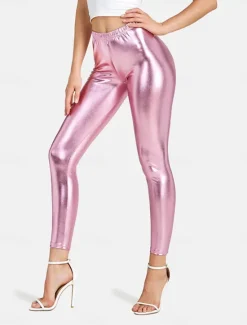 Online Women's Leggings Fashion Sexy Full Length Mid Waist Plain Elastic Waist Shiny Metallic Breathability Soft Comfortable Micro-elastic Party Street Going out Silver Pink Gold Fall Winter Regular Fit Women Leggings
