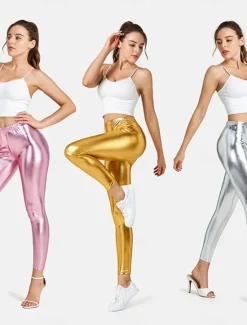 Online Women's Leggings Fashion Sexy Full Length Mid Waist Plain Elastic Waist Shiny Metallic Breathability Soft Comfortable Micro-elastic Party Street Going out Silver Pink Gold Fall Winter Regular Fit Women Leggings