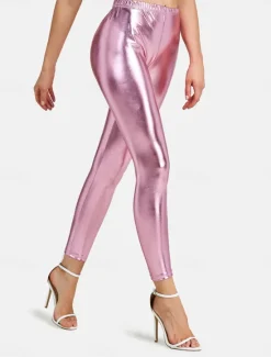 Online Women's Leggings Fashion Sexy Full Length Mid Waist Plain Elastic Waist Shiny Metallic Breathability Soft Comfortable Micro-elastic Party Street Going out Silver Pink Gold Fall Winter Regular Fit Women Leggings