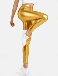 Online Women's Leggings Fashion Sexy Full Length Mid Waist Plain Elastic Waist Shiny Metallic Breathability Soft Comfortable Micro-elastic Party Street Going out Silver Pink Gold Fall Winter Regular Fit Women Leggings