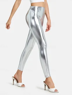 Online Women's Leggings Fashion Sexy Full Length Mid Waist Plain Elastic Waist Shiny Metallic Breathability Soft Comfortable Micro-elastic Party Street Going out Silver Pink Gold Fall Winter Regular Fit Women Leggings