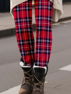 Clearance Women's Leggings Fashion Streetwear Ankle-Length High Waist Plaid Printing Thermal Warm Soft Breathable Micro-elastic Christmas Outdoor Daily Fall Winter Regular Fit Women Leggings