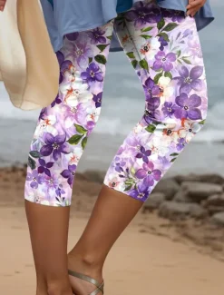 Outlet Women's Leggings Pants 3D Print High Elasticity Fashion Streetwear Full Length High Waist Floral Thermal Warm Breathable Soft Outdoor Daily Pink Blue Purple Green Fall Winter Regular Fit Women Spring Pants