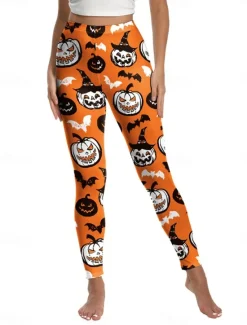 New Women's Leggings Punk Streetwear Full Length High WaistPantsHalloween Pumpkin Print Breathability Soft Comfortable High Elasticity Vacation Party Black White Yellow Orange Fall Winter Regular Fit Women Leggings|Pants