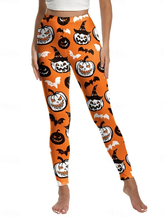 New Women's Leggings Punk Streetwear Full Length High WaistPantsHalloween Pumpkin Print Breathability Soft Comfortable High Elasticity Vacation Party Black White Yellow Orange Fall Winter Regular Fit Women Leggings|Pants