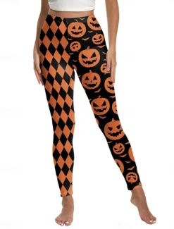 New Women's Leggings Punk Streetwear Full Length High WaistPantsHalloween Pumpkin Print Breathability Soft Comfortable High Elasticity Vacation Party Black White Yellow Orange Fall Winter Regular Fit Women Leggings|Pants