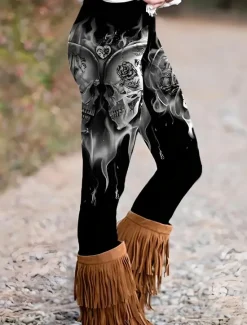 Discount Women's Leggings Punk Vintage Fashion Ankle-Length High WaistPantsHalloween Graphic Halloween Printing Thermal Warm Soft Breathable Stretchy Vacation Casual Daily Black White Sky Blue Green Spring Women Leggings