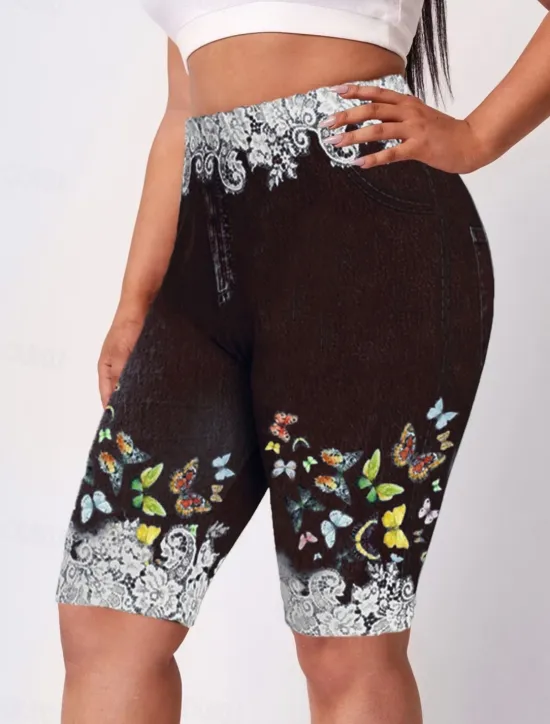 Sale Women's Leggings Shorts 3D Print Chinos Vacation Casual Tights Short High Waist Floral High Cut Comfort Breathable Quick Dry Stretchy Outdoor Street Daily Wine Black Red Purple Summer Slim Fit Women Leggings|Shorts