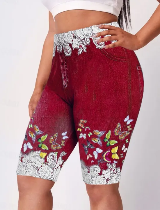 Sale Women's Leggings Shorts 3D Print Chinos Vacation Casual Tights Short High Waist Floral High Cut Comfort Breathable Quick Dry Stretchy Outdoor Street Daily Wine Black Red Purple Summer Slim Fit Women Leggings|Shorts