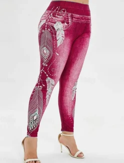 Women's Leggings Trousers 3D Print Vacation Vintage Fashion Full Length High Waist Graphic Soft Comfortable Micro-elastic Outdoor Street Black Wine Dark Blue Light Blue Summer Spring Slim Fit Women Leggings