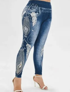 Women's Leggings Trousers 3D Print Vacation Vintage Fashion Full Length High Waist Graphic Soft Comfortable Micro-elastic Outdoor Street Black Wine Dark Blue Light Blue Summer Spring Slim Fit Women Leggings