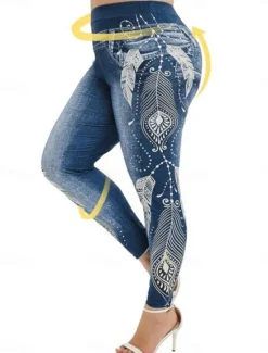 Women's Leggings Trousers 3D Print Vacation Vintage Fashion Full Length High Waist Graphic Soft Comfortable Micro-elastic Outdoor Street Black Wine Dark Blue Light Blue Summer Spring Slim Fit Women Leggings