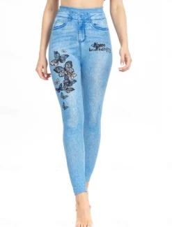 Clearance Women's Leggings Trousers 3D Print Chinos Vacation Streetwear Casual Full Length High Waist Butterfly Flower Printing Comfy Soft Comfortable Stretchy Outdoor Street Blue Dark Blue Summer Skinny Women Leggings