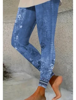 Women's Leggings Vacation Vintage Ethnic Style Ankle-Length High Waist Floral Graphic 3D Print Quick Dry Breathability Soft Stretchy Outdoor Home Causal Red Blue Green Gray Fall Slim Fit Women Leggings|Women's Sweatpants & Joggers
